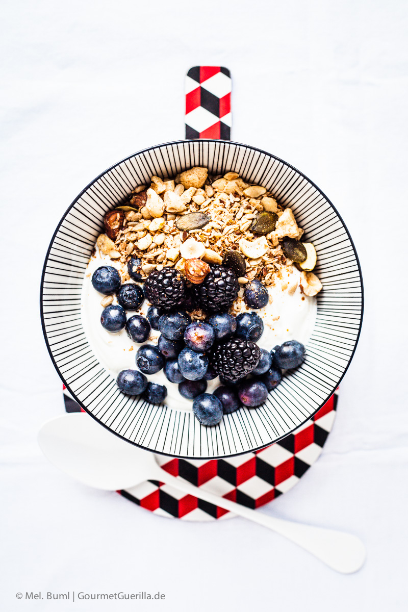 {LCHF Greek yoghurt with homemade nut crunchy and dark berries GourmetGuerilla.com 